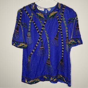 Scala Vintage Beaded Silk Royal Blue Top Size M